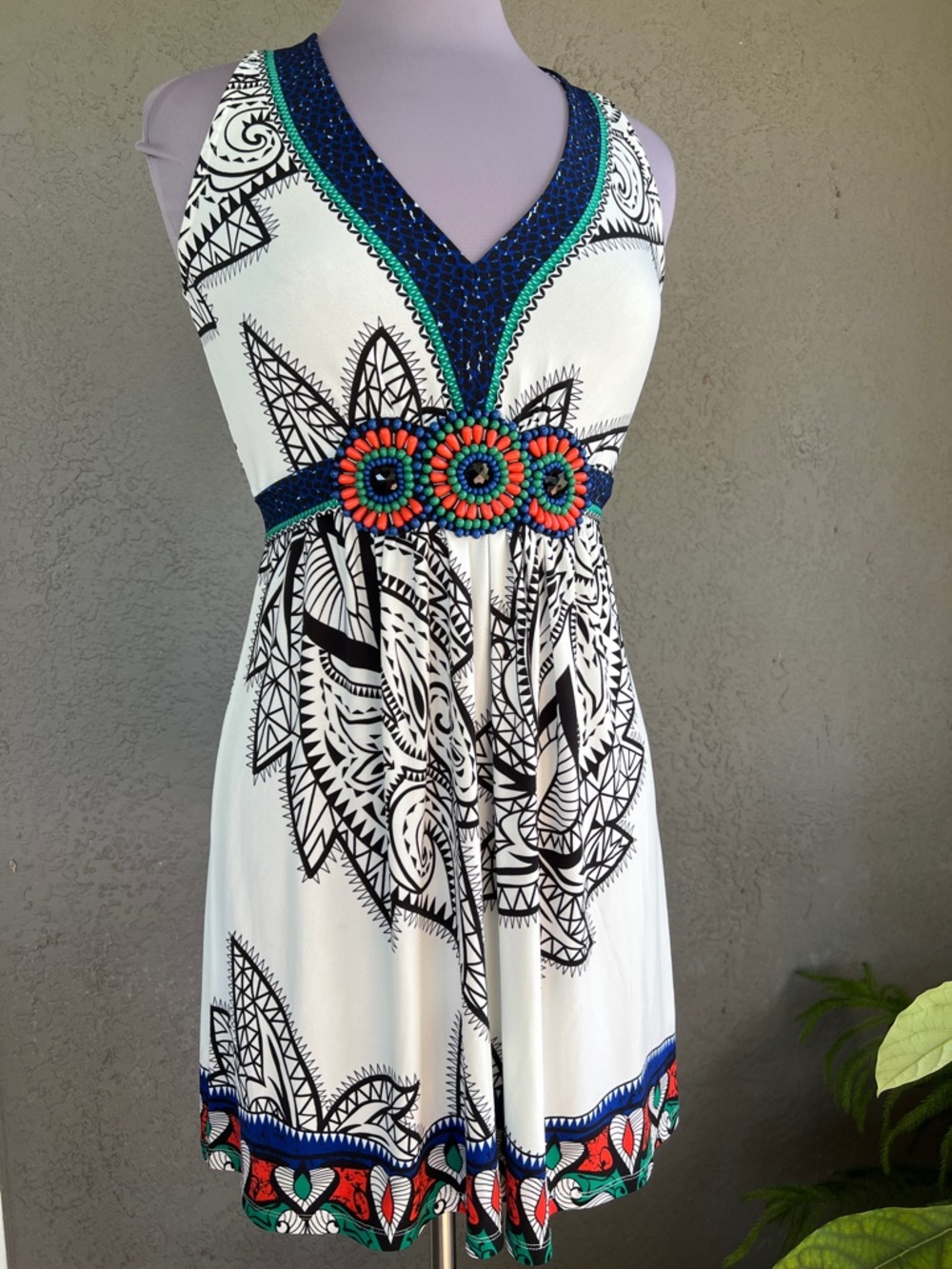 ECI White Mini Dress / Tunic Top w/ Black Print & Multicolor Beaded Waist Sz. S